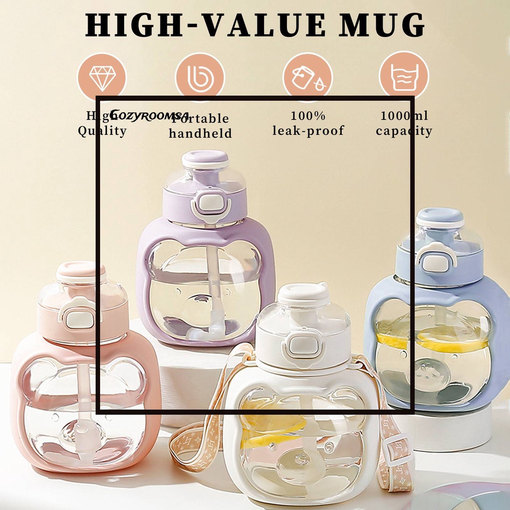 Bình Nước Nhựa 1000ml Có Ống Hút Và Dây Đeo Dễ Thương Cho Bé