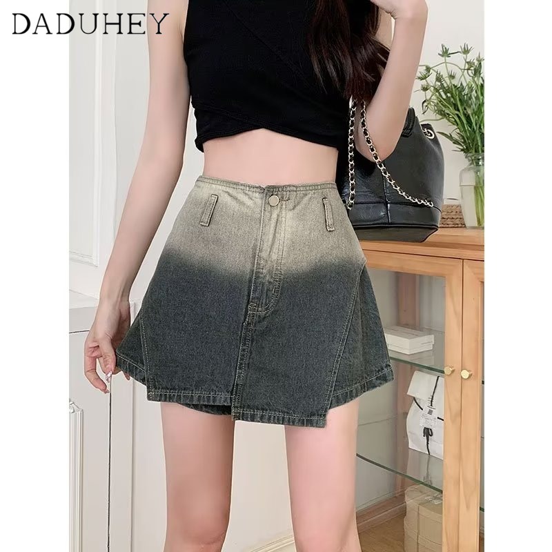 Chân váy denim DADUHEY ôm hông phối túi size lớn kiểu chữ A cạp cao thời trang retro kiểu Mỹ