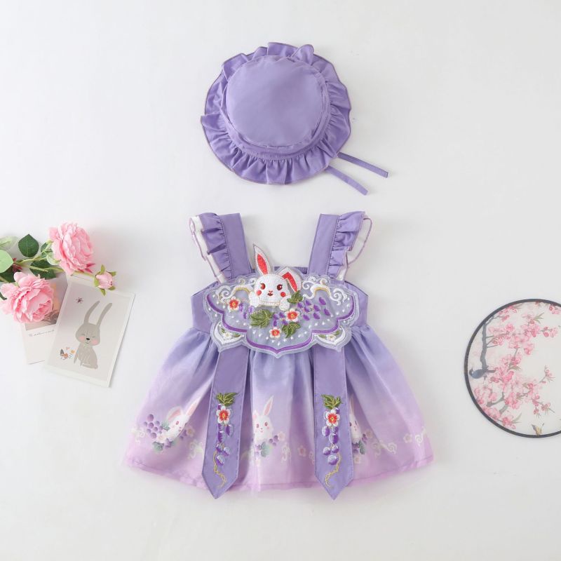 Đầm Hán Phục Hai Dây Thêu Hình Thỏ Kèm Nón Cho Bé Gái