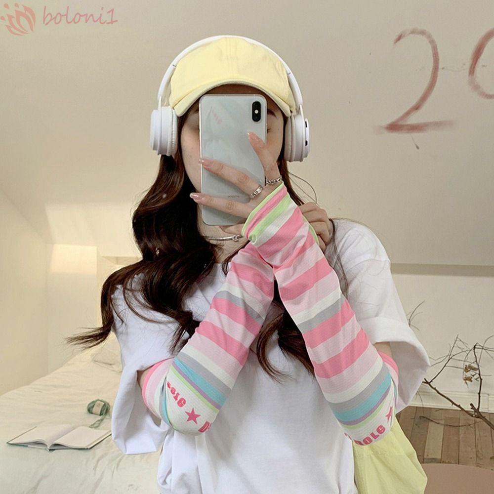 Vỏ Bọc Cánh Tay Giữ Ấm Chống Tia UV Y2k Bằng Lụa Lạnh Họa Tiết Kẻ Sọc Cầu Vồng Thoáng Khí