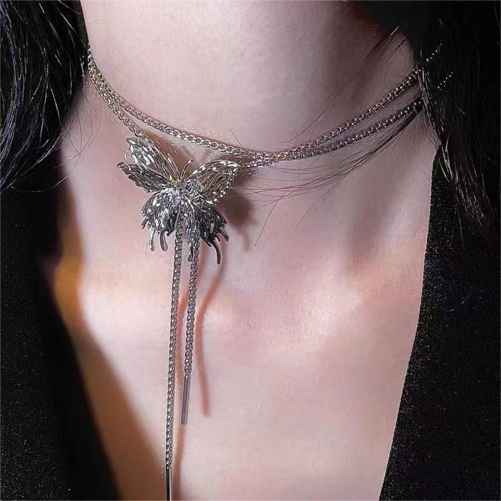 USNOW Vòng Cổ Choker Y2K Bằng Bạc Mặt Hình Bướm Đính Đá Cho Nữ
