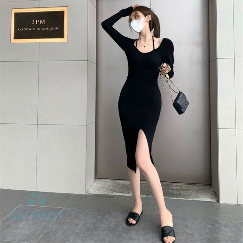 Mát mẻ dây ren-up rắn màu đen dài tay áo ăn mặc của phụ nữ sild Slit Slim Midi Dress VN