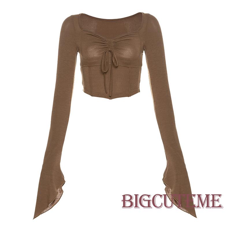 []] Áo Thun Crop Top Dây Rút Tay Chuông Dài Màu Trơn Ôm Dáng Vừa Vặn Cho Nữ