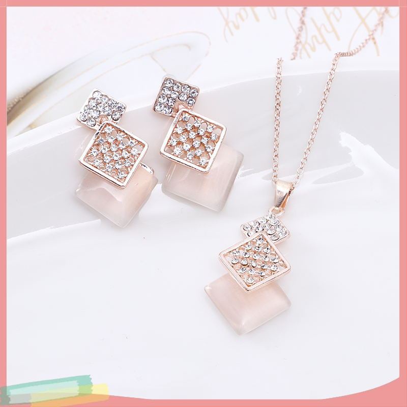 Bộ Vòng cổ + Đôi Khuyên Tai Mặt Vuông Đính Đá Opal Thời Trang Cho Nữ