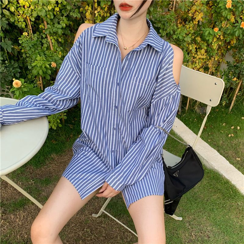 Áo Sơ Mi Sọc Dọc Trễ Vai Thời Trang Dành Cho Nữ