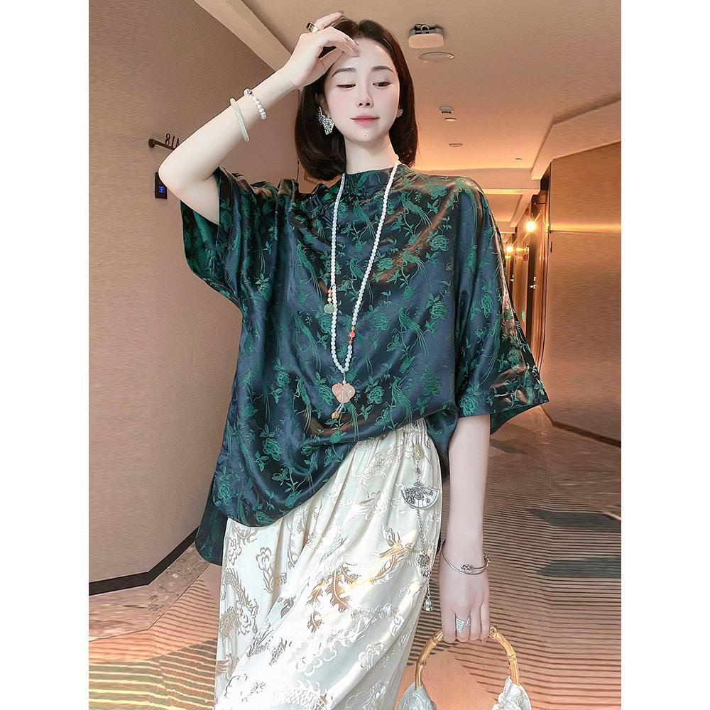 Áo Cánh Dơi Giả Lụa Dáng Rộng Cài Khuy Màu Xanh Lá Đậm Phong Cách Trung Hoa Mới Cho Nữ