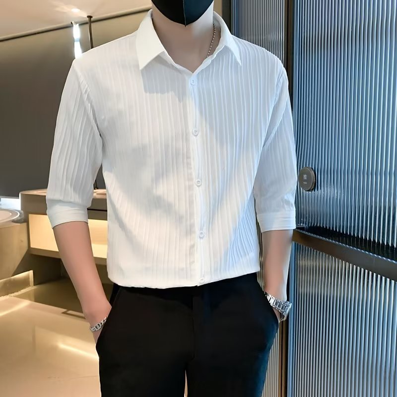 Áo sơ mi nam BEFOYI tay 3/4 màu trắng sọc mỏng cổ áo nếp vừa vặn thời trang mùa hè Hàn Quốc M-3XL