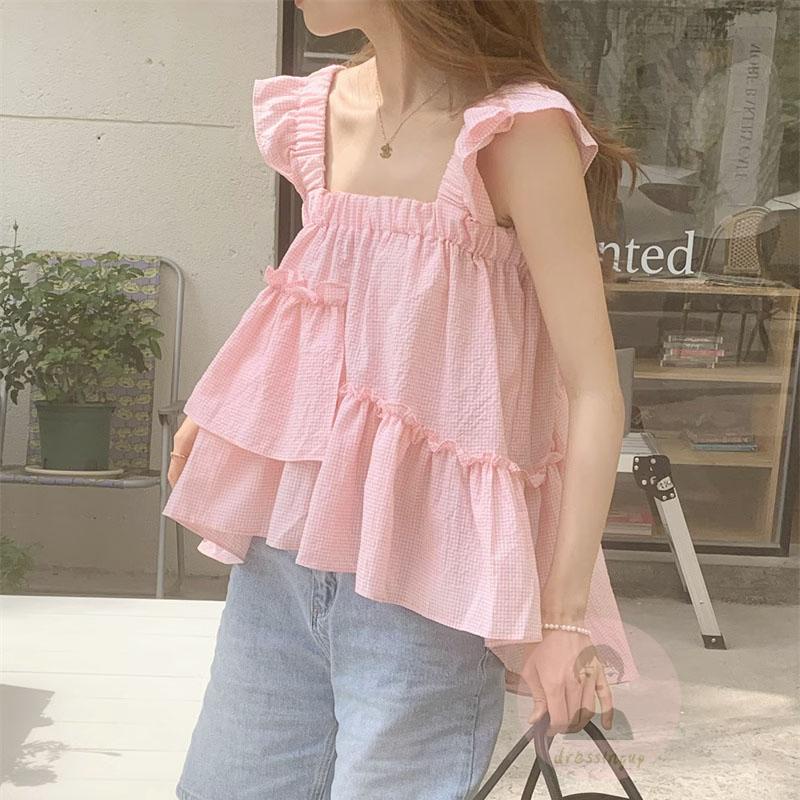 Áo Hai Dây Nhún Bèo Họa Tiết Sọc Caro Ngọt Ngào Cho Nữ