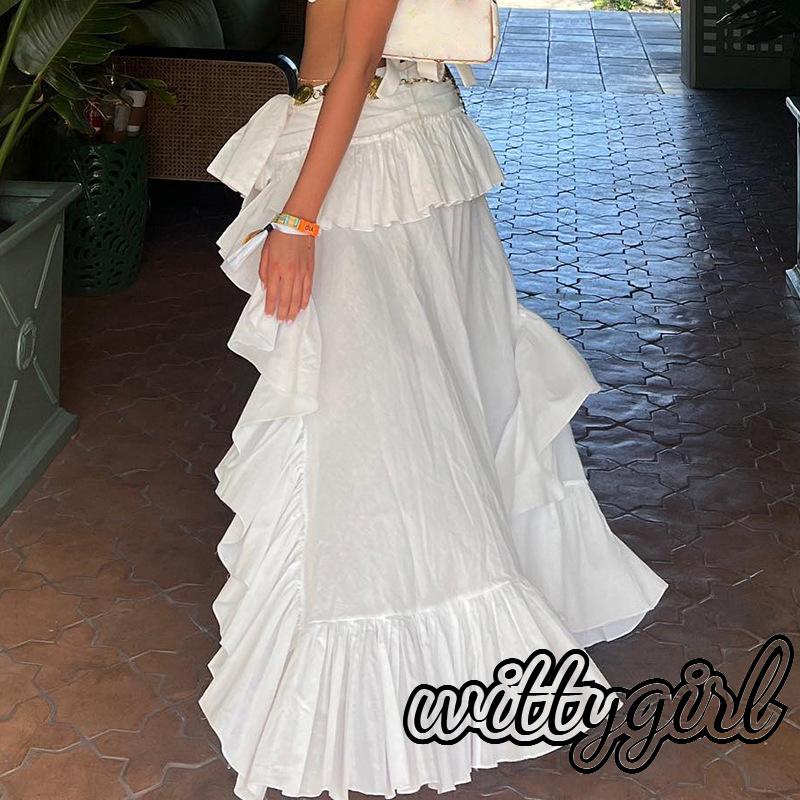 Chân Váy Midi Màu Trắng Lưng Thun Co Giãn Phong Cách Boho Dành Cho Nữ