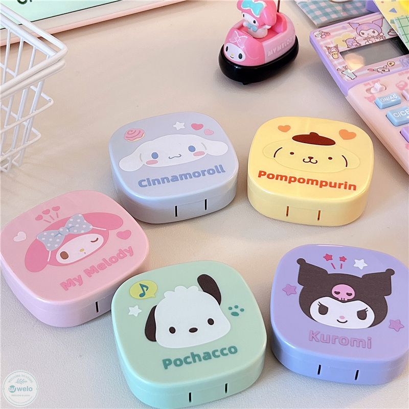 Hộp chăm sóc kính áp tròng Sanrio Hộp đựng ống kính hoạt hình dễ thương có gương My Melody Cinnamoroll Hello Kitty Pochacco Kuromi Square Care Box WE
