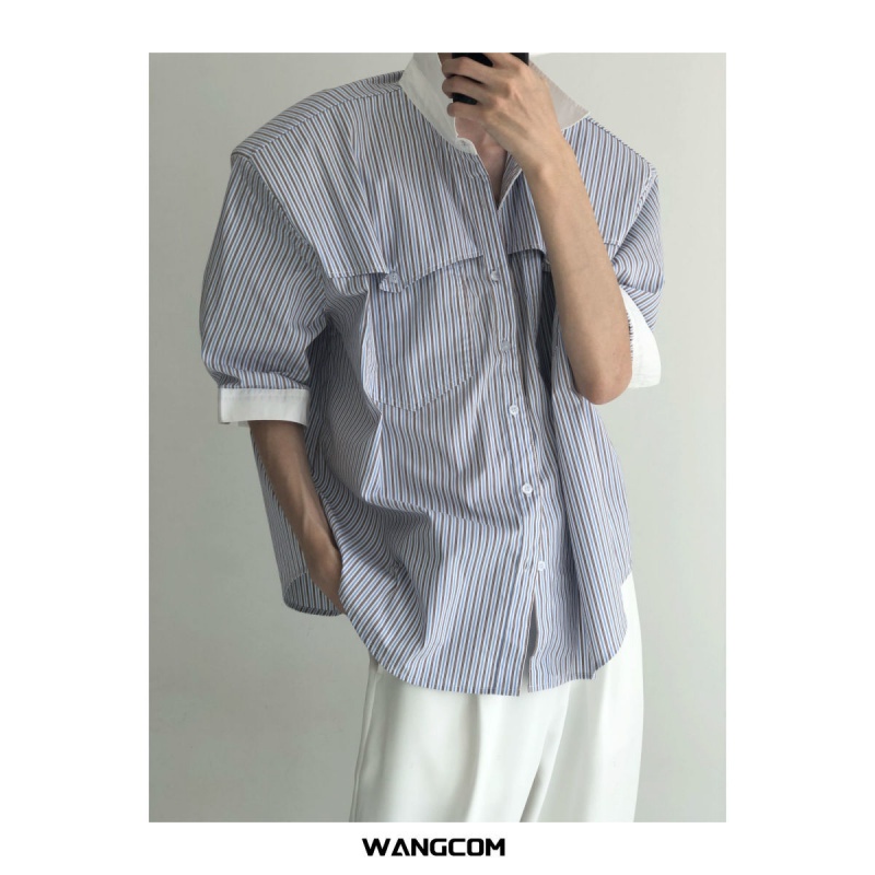 Áo Sơ Mi Tay Ngắn Dáng Rộng Kẻ Sọc Màu Sắc Tương Phản Thời Trang Mùa Hè Cho Nam