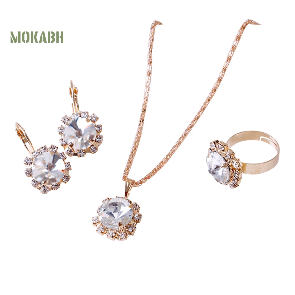 Bộ Vòng cổ + Nhẫn + Bông Tai Hình Tròn Đính Đá Thời Trang Cho Nữ