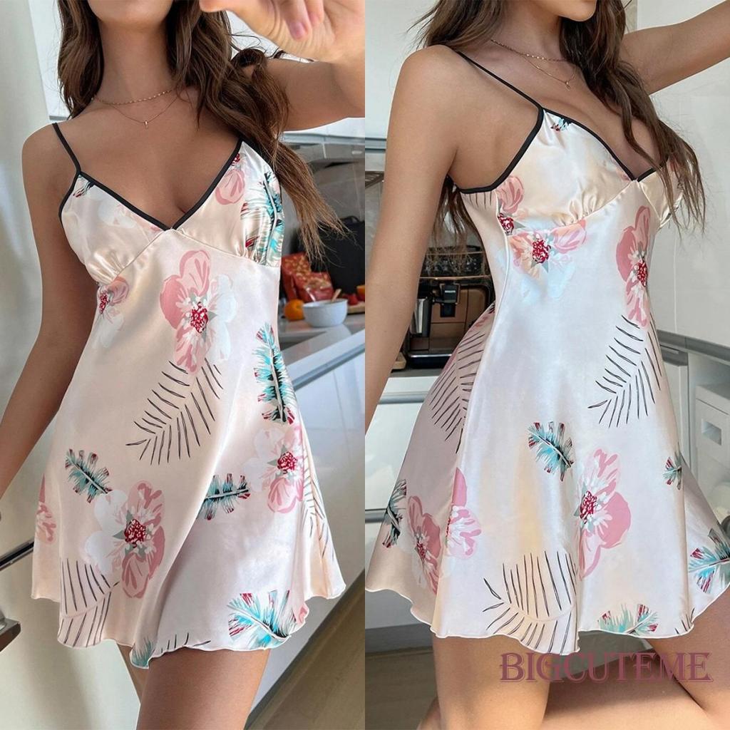 [] - Đầm Ngủ Không Tay Cổ Chữ V Hở Lưng Màu Sắc Tương Phản Mùa Hè Cho Nữ