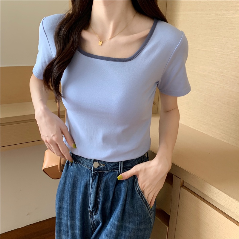 SUXI Áo Thun Croptop Tay Ngắn Màu Sắc Tương Phản Phong Cách Vintage Dành Cho Nữ