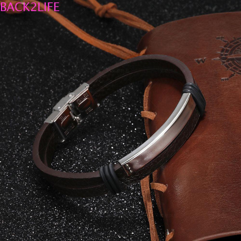 BACK2LIFE Vòng Tay Da Bện Phối Thép Không Gỉ Cá Tính Cho Nam Nữ