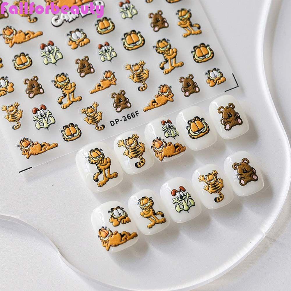 FALLFORBEAUTY Miếng Dán Trang Trí Móng Tay Họa Tiết Hoạt Hình Động Vật / Trái Tim / Mèo Garfield