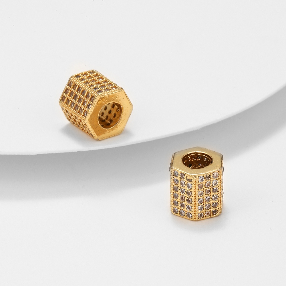 Hạt Đá Zircon Lục Giác Lỗ Lớn Mạ Vàng Dùng Làm Trang Sức Thủ Công Diy