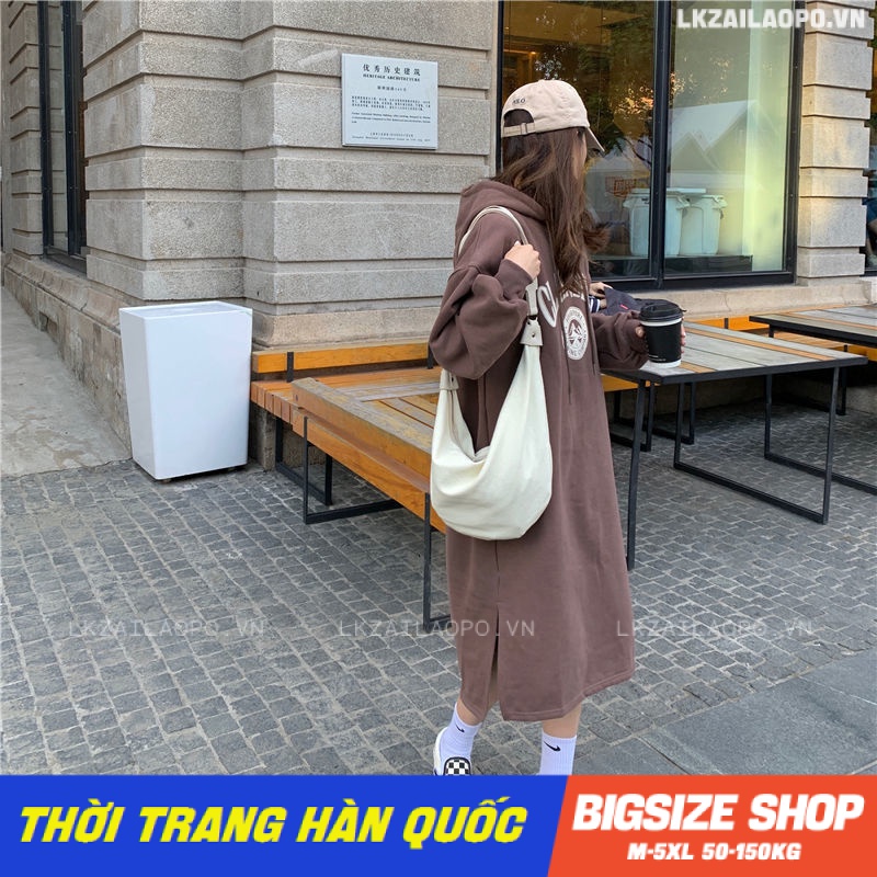 Váy đầm nữ Bigsize Đầm nỉ hoodie dáng suông tay dài Dày dặn mùa thu Phong cách Hàn Quốc Thời Trang đẹp