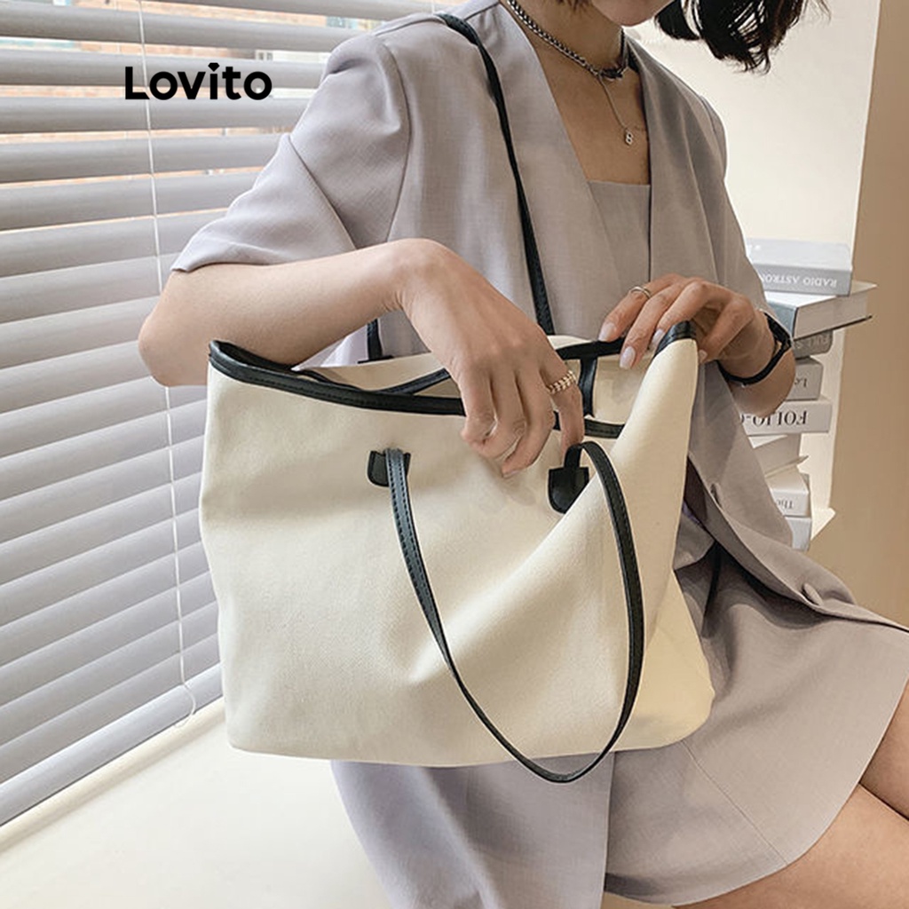 Lovito Túi tote đeo vai cơ bản màu trơn đơn giản tương phản cho nữ LNA09126 (Mơ/Đen)