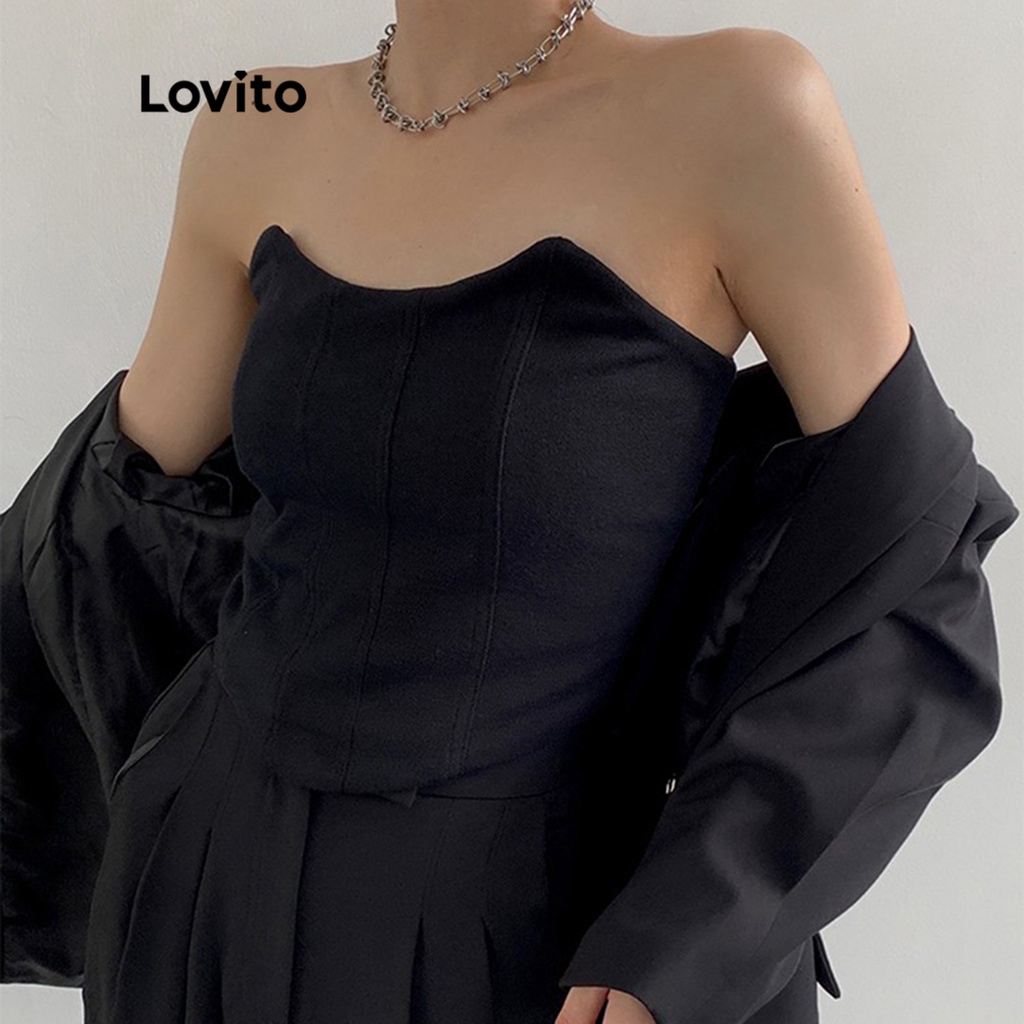 Lovito Áo ba lỗ trễ vai màu trơn giản dị cho nữ LNA09290 (Đen)