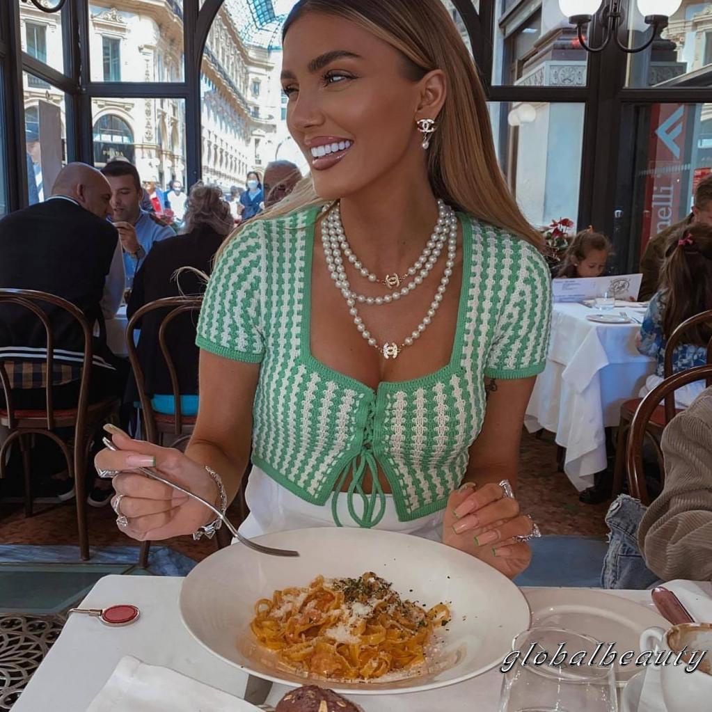 Áo Dệt Kim Ngắn Tay Cổ Vuông Họa Tiết Kẻ Sọc Với Dây Điều Chỉnh Được Thời Trang Mùa Hè Cho Nữ