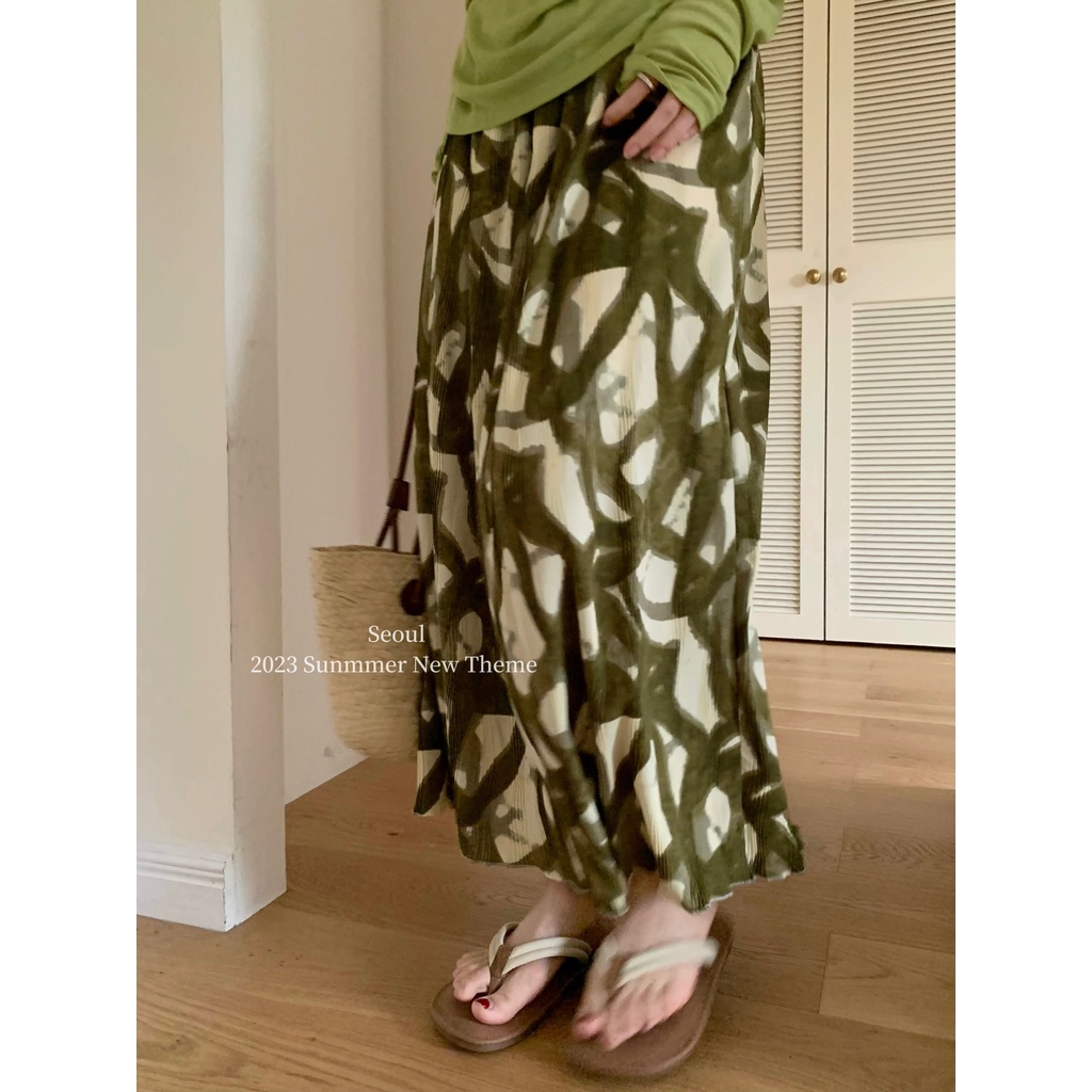 SUXI Chân Váy Dáng Rộng Họa Tiết Màu Nhuộm Phong Cách Vintage Thời Trang Mùa Hè