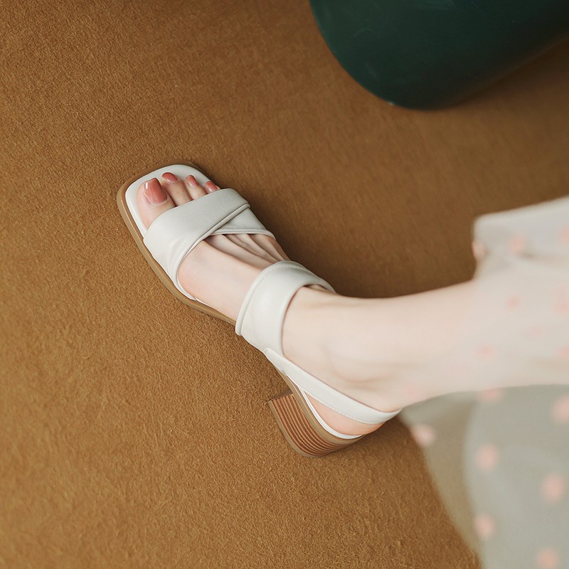 Duoya Tóc Thẳng ~ [Hàng Có Sẵn] Sandal Cao Gót Hở Ngón Mũi Vuông Bằng Da Thật Mềm Mại Thoải Mái Thời Trang Mùa Hè Đơn Giản Cho Nữ Miễn Phí Vậ