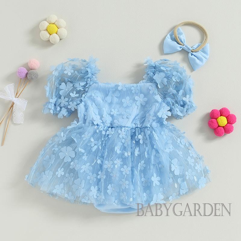 Set Áo Liền Quần In Hoa 3D + Băng Đô Xinh Xắn Cho Bé Gái 0-18 Tháng Tuổi