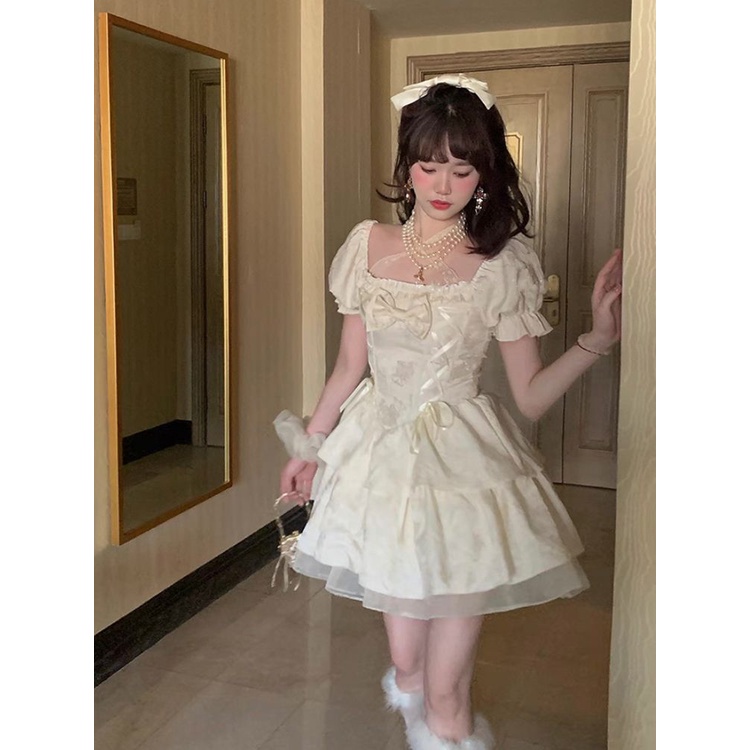 Đầm Công Chúa Ôm Eo Đính Nơ Màu Trắng Phong Cách Pháp Thời Trang Mùa Hè Hàng Mới Dành Cho Bạn Nữ