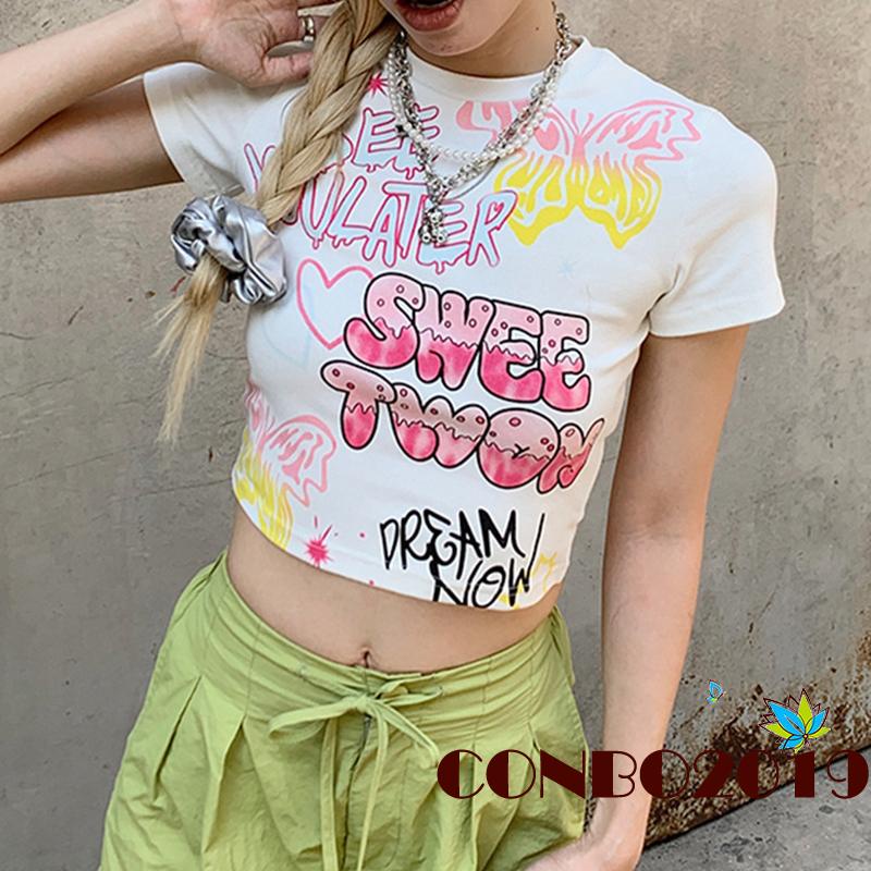 Áo Thun Crop Top Tay Ngắn Cổ Tròn In Họa Tiết Hoạt Hình Thời Trang Xuân Hè Cho Nữ