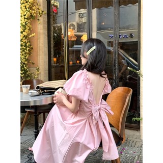 Sugemiusi Đầm Dài Ôm Eo Tay Phồng Thắt Nơ Lưng Màu Hồng Phong Cách Pháp Thời Trang Mùa Hè Dành Cho Nữ