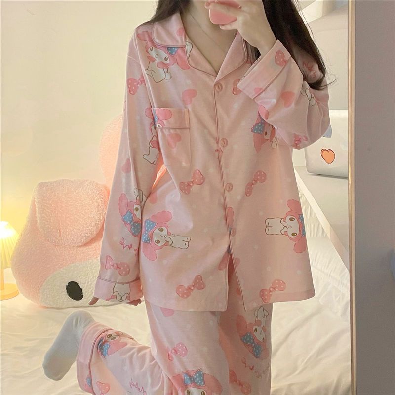 Bộ Đồ Ngủ Tay Dài In Họa Tiết Hoạt Hình Dễ Thương Phong Cách Hàn Quốc Thời Trang Xuân Thu Cho Nữ