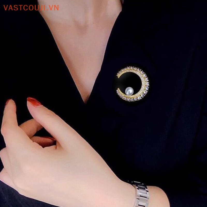 Ghim Cài Áo Hình Mặt Trăng VASTJI Đính Ngọc Trai Nhân Tạo Thời Trang Cho Nam Nữ