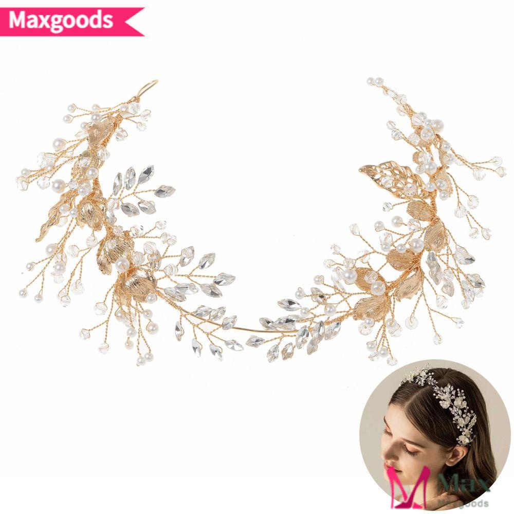 MAXG Băng Đô Cài Tóc Đính Đá Pha Lê Hình Chiếc Lá Bằng Hợp Kim Màu Vàng Dành Cho Cô Dâu