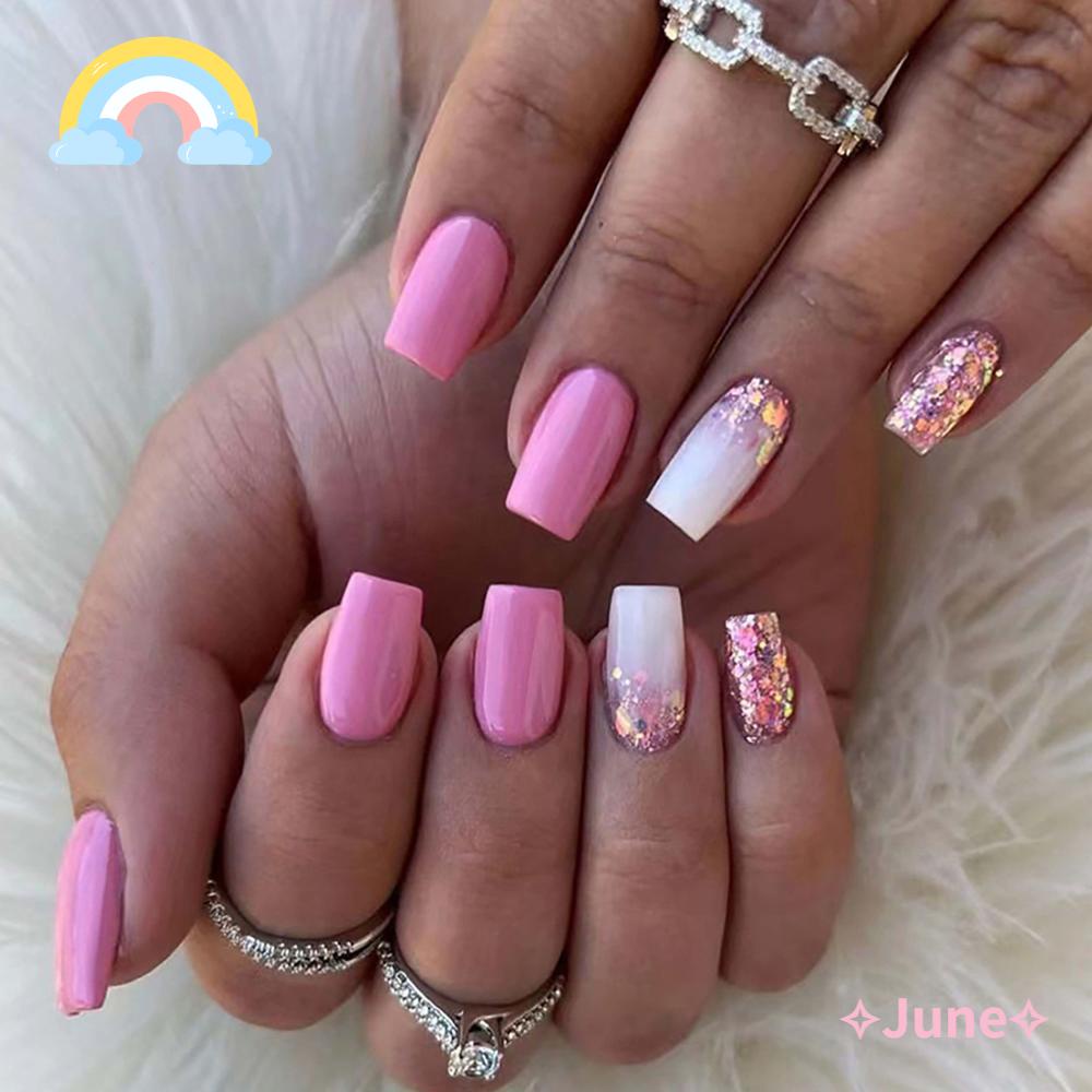 JUNE Hộp 24 Móng Tay Giả Che Phủ Toàn Diện Đầu Vuông Có Thể Tháo Rời