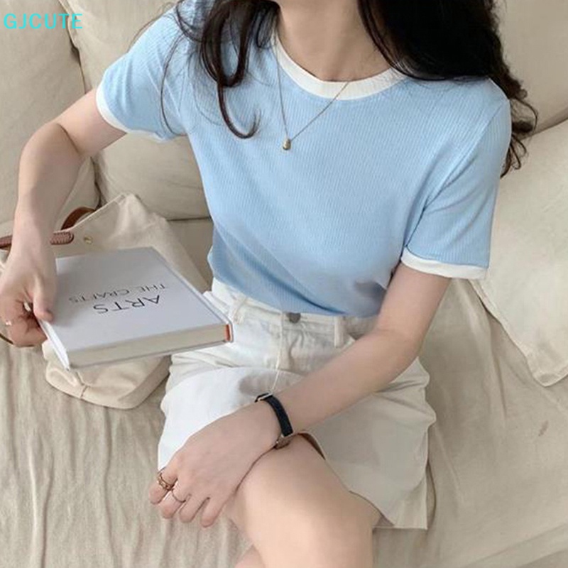 Áo Thun Tay Ngắn Cổ Tròn Màu Sắc Tương Phản Thời Trang Mùa Hè Cho Nữ