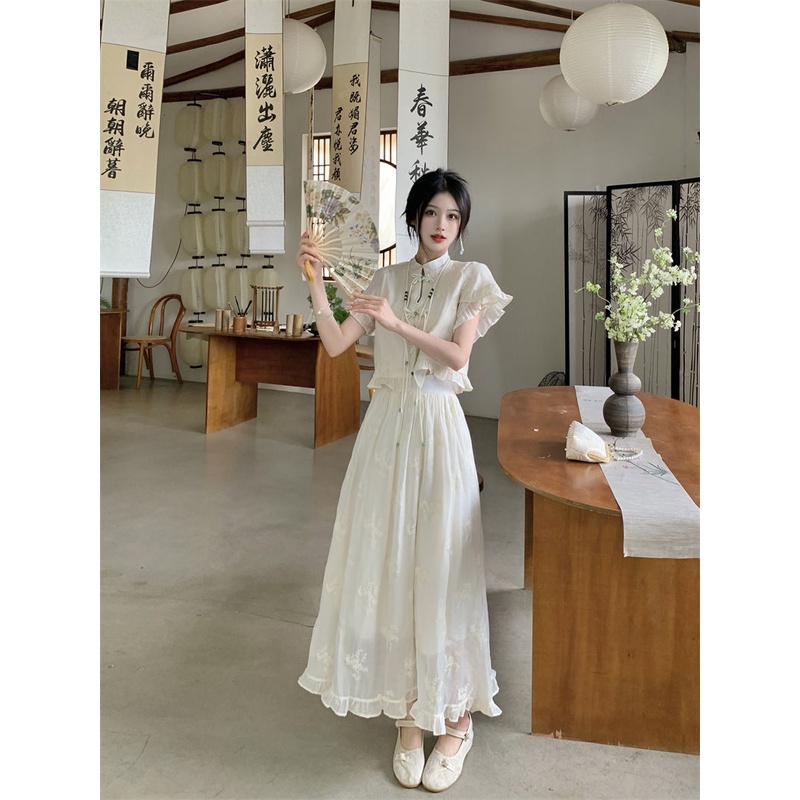 Bộ Áo Ngắn Tay + Chân Váy Lưng Cao Phối Ren Phong Cách Trung Hoa Thời Trang Mùa Hè Cho Nữ