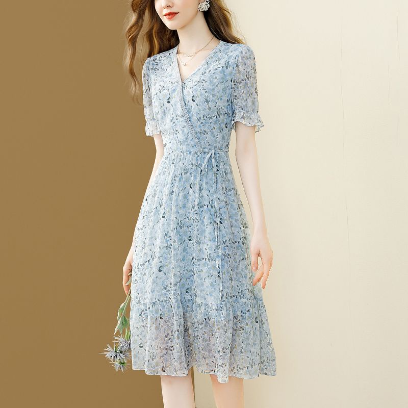 Đầm Chiffon Dáng Chữ a Cổ Chữ v Họa Tiết Hoa Thời Trang Mùa Hè 2023 Phong Cách Pháp Cho Nữ