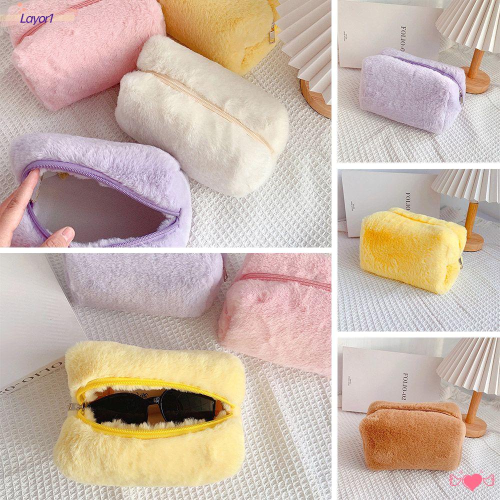 LAYOR1 Túi Đựng Bút Bằng Vải Canvas Phối Lông Xù Xinh Xắn
