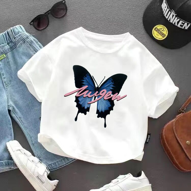 Áo Thun Cotton Ngắn Tay Màu Trơn In Họa Tiết Hoạt Hình Cho Bé Gái