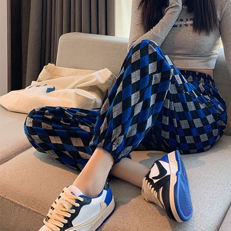 Quần Harem Dáng Rộng Kích Thước Lớn Kẻ Caro Kim Cương Phong Cách Hàn Quốc Mới Cho Nữ