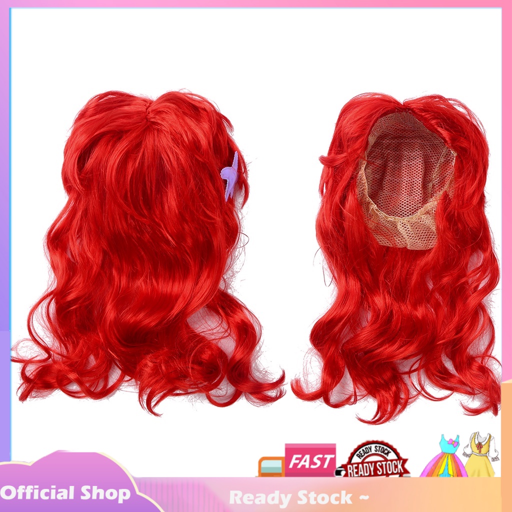 Tóc Giả Nàng Tiên Cá Dài Gợn Sóng Màu Đỏ Hóa Trang Halloween Cho Bé Gái