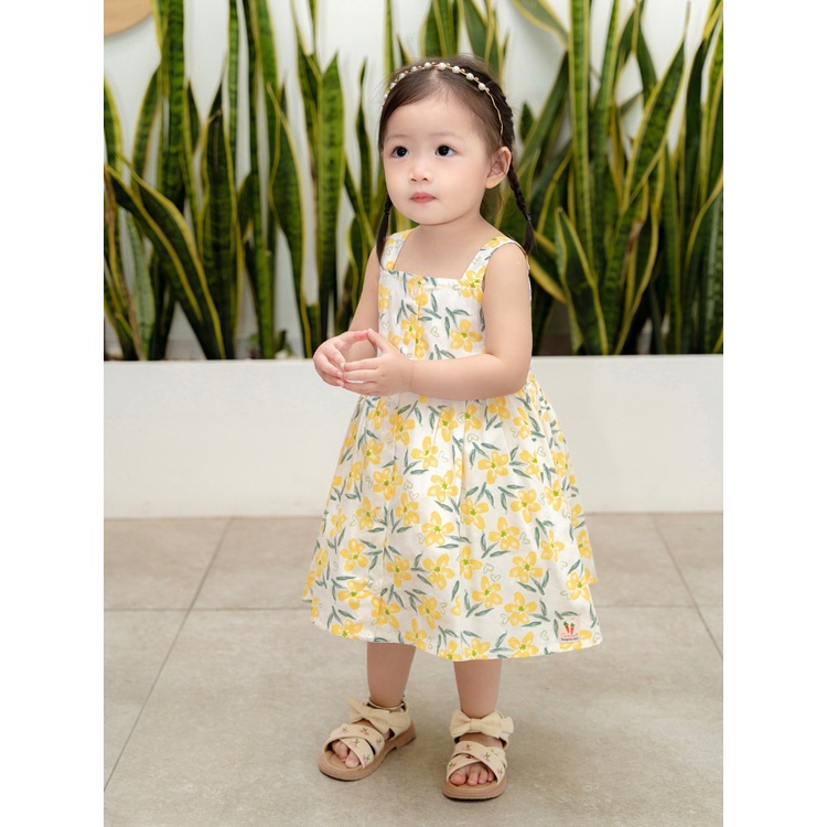 Váy Bé Gái CARROT Hai Dây, Họa Tiết Hoa Vàng, Chất Liệu Thô Cotton Thấm Hút Mồ Hôi Tốt
