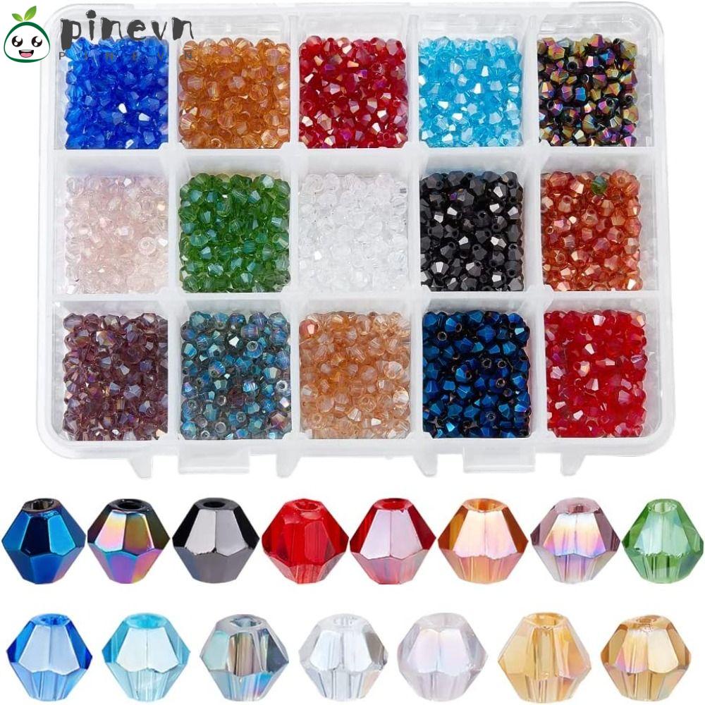 PINEVN 1500 Hạt Xỏ Lỗ Làm Trang Sức Bằng Thủy Tinh 4mm 15 Màu