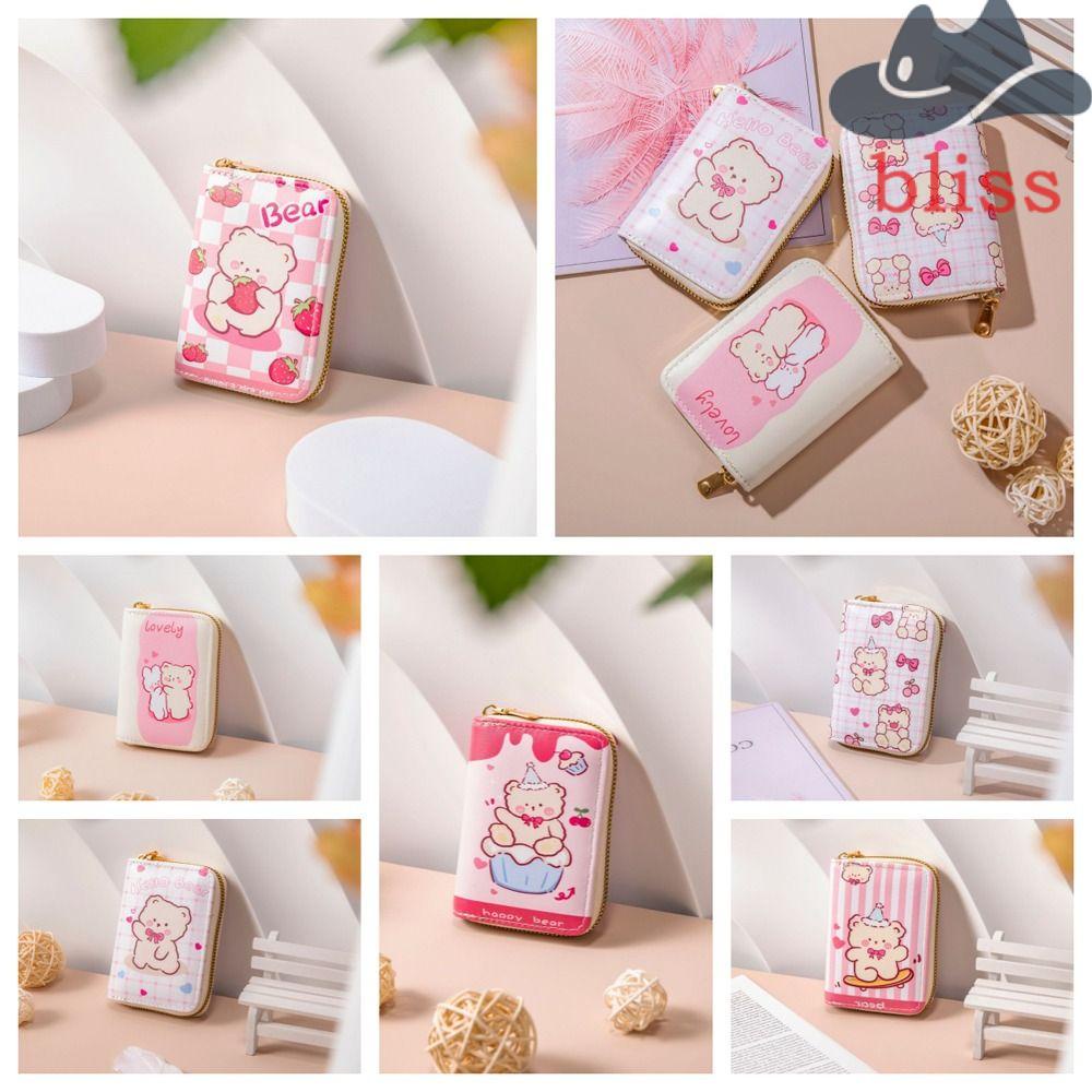 BLISS Ví Da PU Hình Gấu Hoạt Hình Có Khóa Kéo Đựng Thẻ Tiện Dụng Cho Nữ