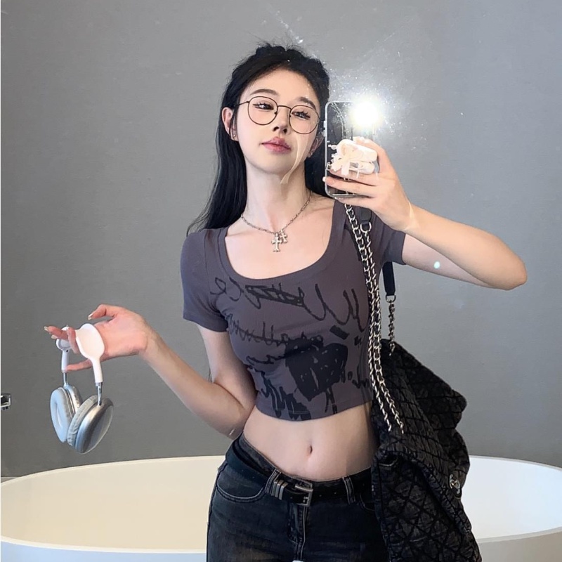 COZOK Áo Thun Crop Top Tay Ngắn Cổ Chữ U Dễ Phối Đồ Hợp Thời Trang