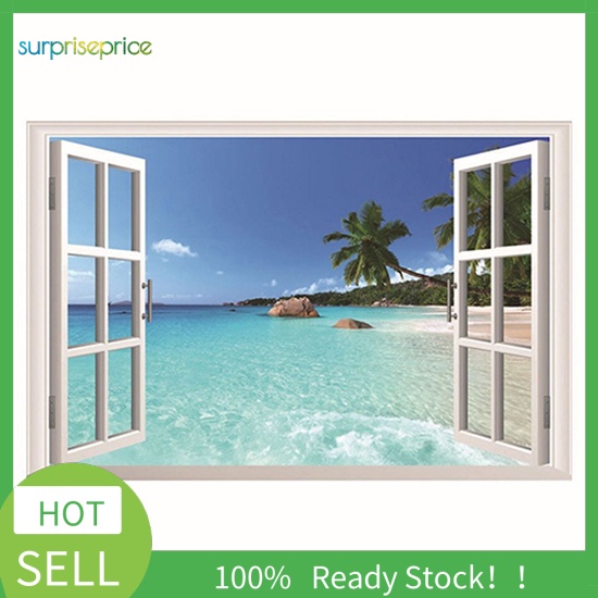 (Bất Ngờ) Hình Dán Tường Cửa Sổ Cảnh Biển 3D DIY Trang Trí Nội Thất Phòng