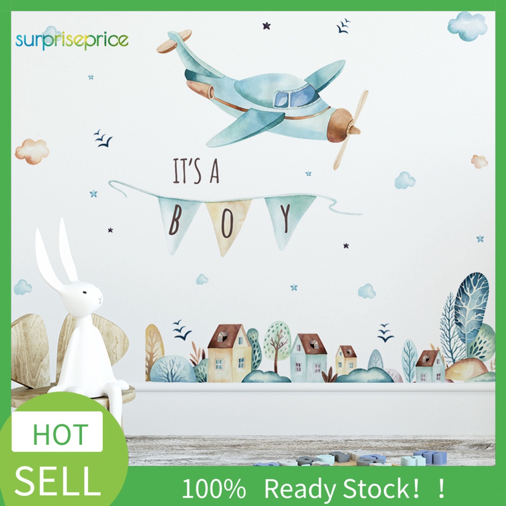 (Bất Ngờ) Hình Dán Tường Máy Bay Màu Nước Hoạt Hình Cổ Tích Có Thể Tháo Rời Trang