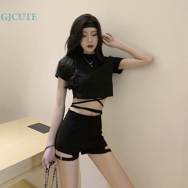 Set Áo Thun Ngắn Tay + Quần Short Lưng Cao Thời Trang Nữ