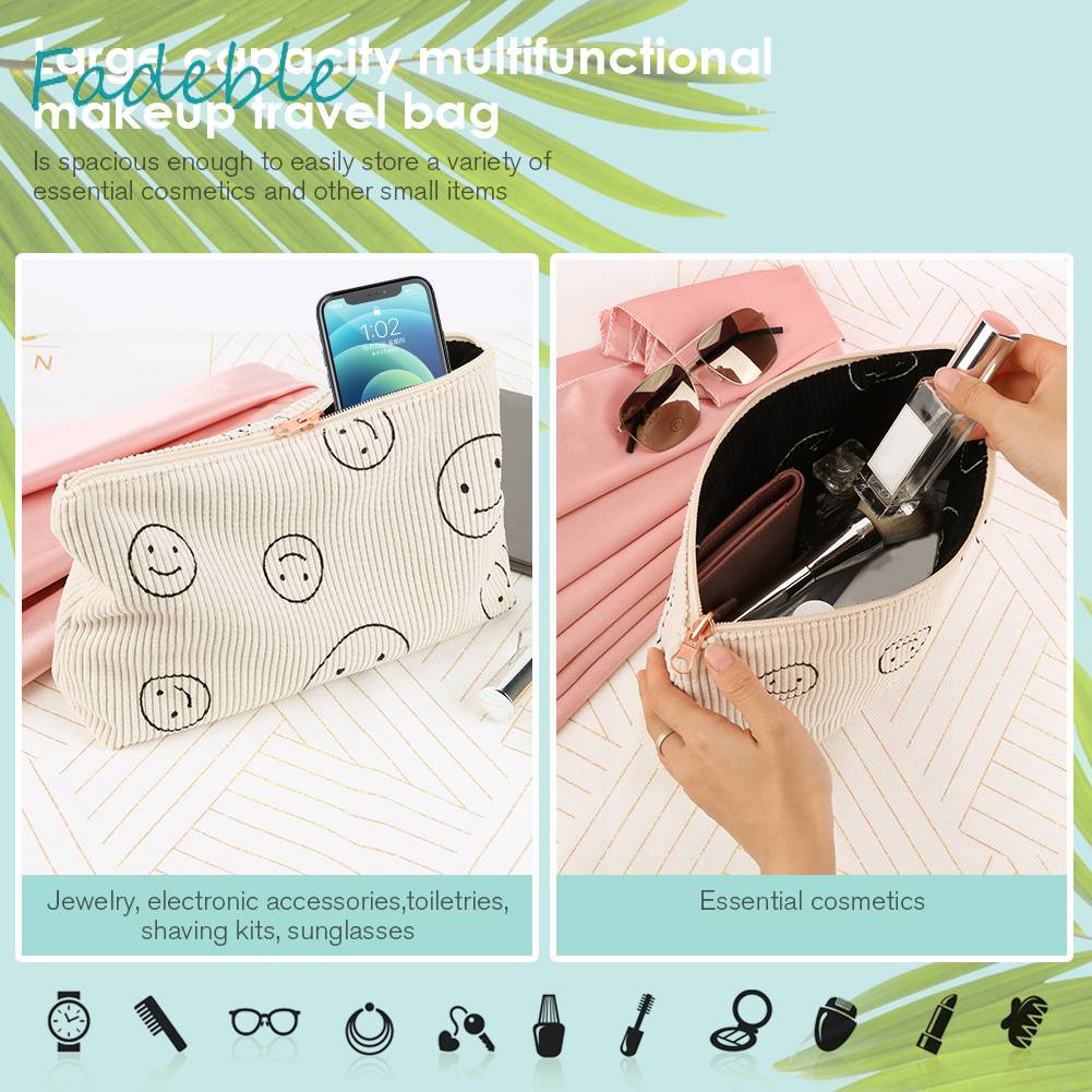 Túi Đựng Mỹ Phẩm Hai Mặt Bằng Vải Nhung Kẻ Dễ Thương Xinh Xắn